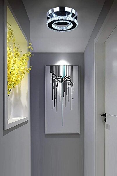 ABAJUR EVİM Anjelika Modern Krom Şeffaf Kristal Taşlı Beyaz Ledli Plofonyer T...