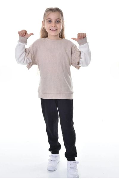 ruhaay Sleeve Ruffle Detail 100% Cotton Long Sleeve Girls Bottom Top Set