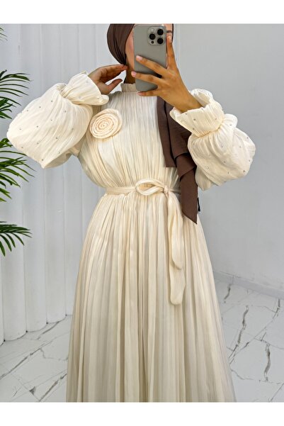 Modamorfo Βραδινό φόρεμα σιφόν Janjan με λαβή ελαστικό τριαντάφυλλο καρφίτσα και ζώνη - Μπεζ