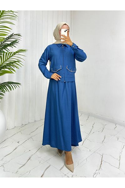 Modamorfo Zippered Jacket, Elastic Waist Skirt, Linen Suit - Blue