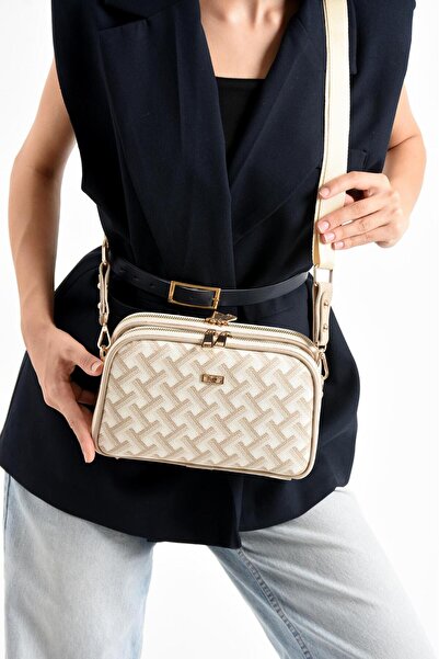 LNR POLO Kadın Krem Desenli 4 Bölmeli Çapraz Askılı Omuz Çanta