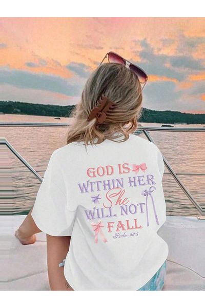 aynewmoda Summer Short Sleeve Round Neck Bow Letter Print T-Shirt for Teenage Girls