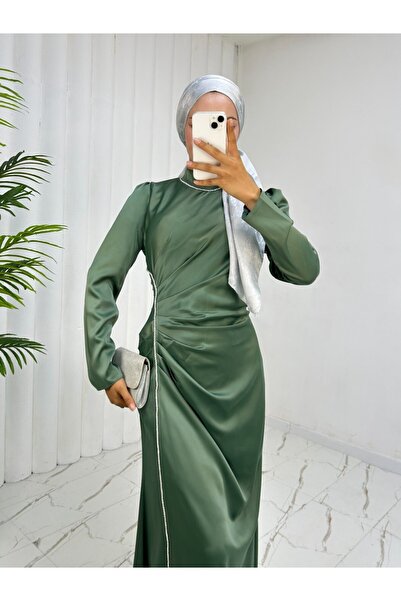 Modamorfo Satin Evening Dress with Stone Stripe and Draped Waist - Green