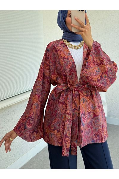 Modamorfo Kimono cu șireturi cu modele etnice - Roșu Claret