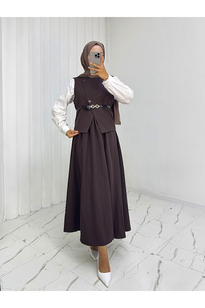 Modamorfo Cross Button Belted Vest Skirt Suit -Coffee