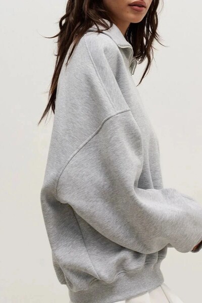 The Champ Clothing Women's Gray Half Zipper Jacket Sweatshirt 3 Thread Raised Oversize Cut