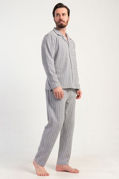 VİENETTA Men's Jacquard Interlock All Button Long Sleeve Pajama Suit, 501007