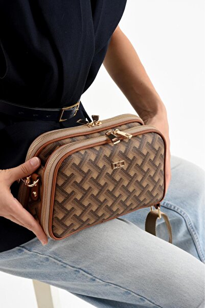 LNR POLO حقيبة كتف نسائية بحزام متقاطع من فرو المنك تان مكونة من 4 أقسام