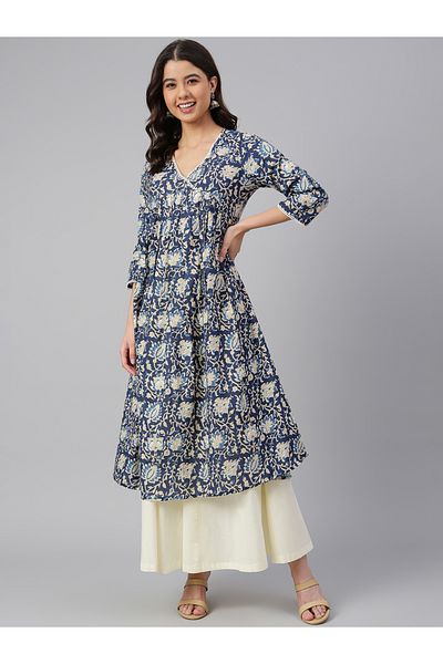IndHeritage Premium cotton office / casual kurti - Dark blue kurti / kurta for women with white floral print