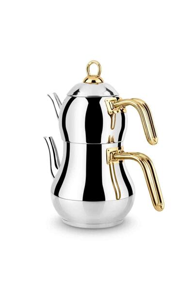 Lines Yonca Şahmeran Medium Size No. 3 Steel Teapot with Gold Metal Handle