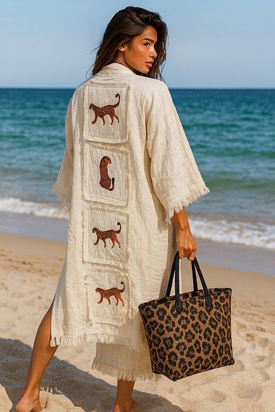LaraLisa 4 Layers Natural Muslin Cotton Fabric Chemical Treatment Unprocessed Hand Printed Kaftan Kimono Peshtemal Bathrobe