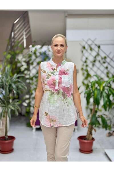 Punta Otantik Ls8819A Sleeveless Cotton Italian Blouse with Pockets White