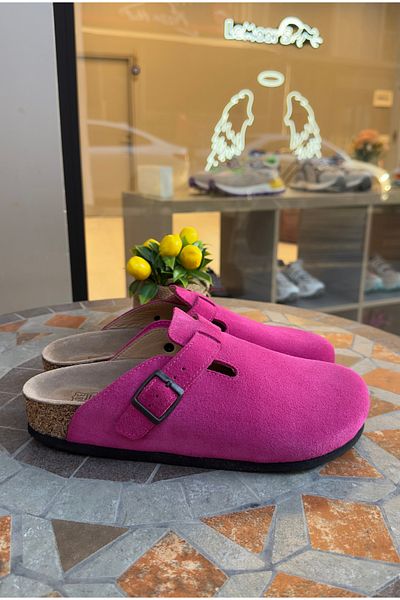 Lemoors Susana Natural Cork Sole Genuine Suede Leather Fuchsia Color Sabo Slippers