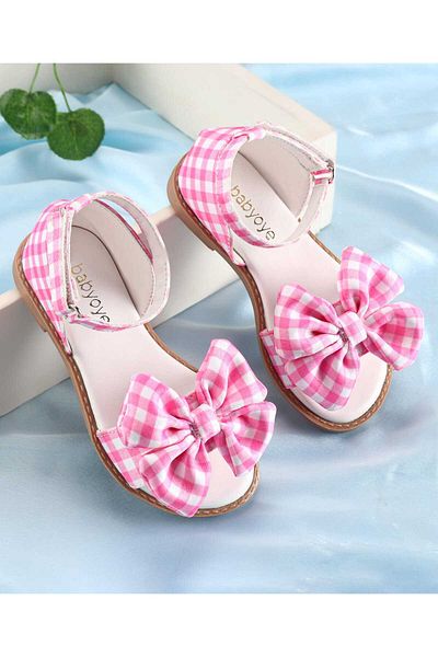 Babyoye Sandals with Velcro Closure & Bow Applique - White & Pink