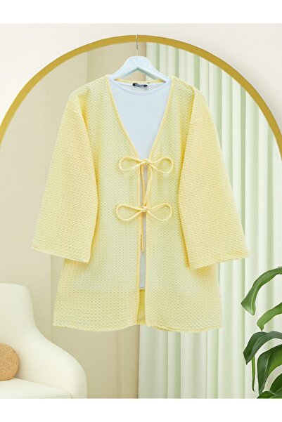 Modamorfo Κιμονό με διπλό κορδόνι μπροστά με κυψελωτό σχέδιο - Ανοιχτό κίτρινο