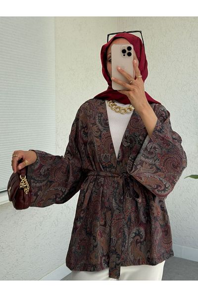 Modamorfo Kimono cu șireturi cu modele etnice - maro