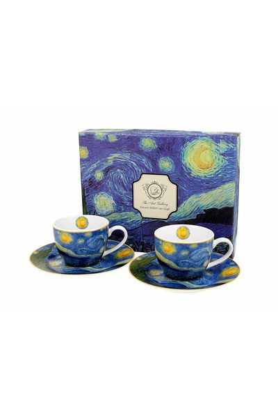 Duo Set of 2 Espresso Cups with Saucers, 110 ml, “Starry Night” by V. van Gogh – in Gift Box
