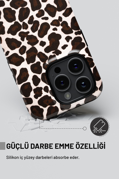 WANNA PROTECT iPhone 15 Çift Katmanlı Darbe Emici Koruma Leopar Parlak Superior PROTECT Telefon Kılıfı