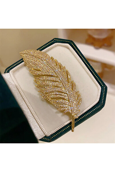 begüm jewelery GOLD YAPRAK DESEN TAŞLI TASARIM BROŞ