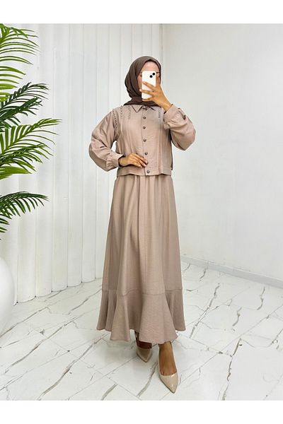Modamorfo Jacket Skirt Linen Suit with Stones on the Shoulder Buttons -Mink
