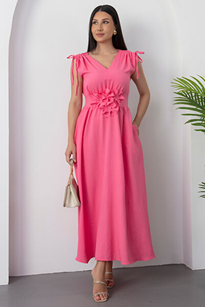 PULLIMM V Yaka Omuz Büzgülü Çiçek Detaylı Elbis GRS3798