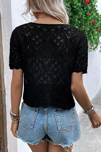 AQE FASHION Women's Openwork Short Sleeve Button Knitted V-Neck Casual Black Tirko Cardigan