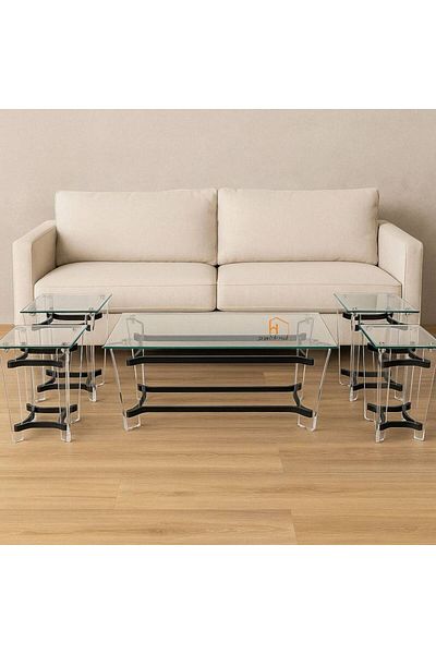 Al Saada Home كمية محدودة من طقم طاولات مستطيلة من الفولاذ والأكريليك - أسود - 4 قطع + قطعة واحدة