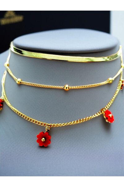 CLOVER JEWELRY قلادة من الفولاذ باللون الذهبي بثلاثة صفوف - تصميم أنيق مع تفا...