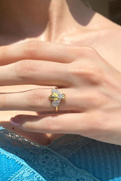 Spossy Silver Jewelry 925 Ayar Gümüş, 14 Ayar Gold, Arı Yüzük