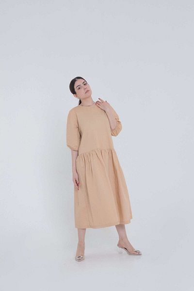 mica Women's Loose Plain Midi Dress with Short Puff Sleeves