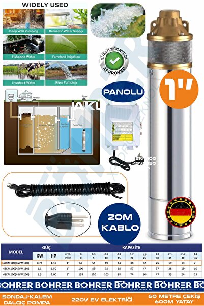 BÖHRER 1.1 HP 220V Kalem Dalgıç Su Motoru Pompa | PANOLU + 20M Kablo - 4SVM10...
