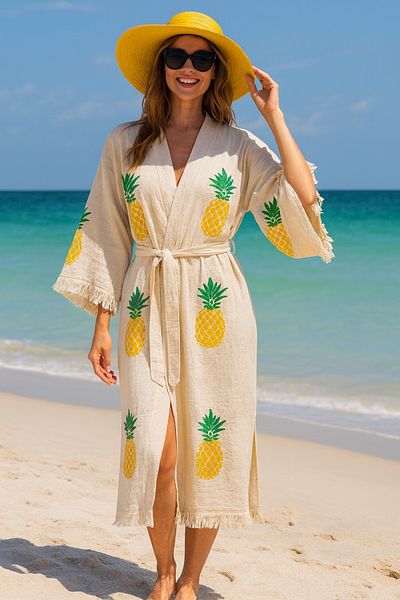 LaraLisa 4 Layers Natural Muslin Cotton Fabric Chemical Treatment Unprocessed Hand Printed Kaftan Kimono Peshtemal Bathrobe