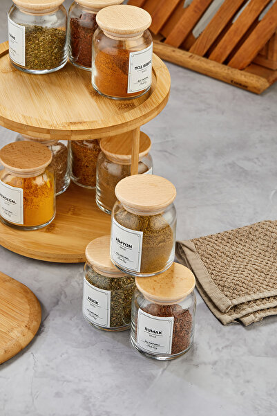 MODA OZY Set of 10 Wooden Vacuum Lids, Rotating Bamboo Stand, Labeled Glass Spice Jar Set, Storage Jar 300ml