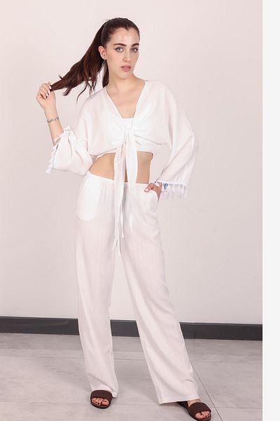 Hazel Set pantaloni albi cu ciucuri pentru femei