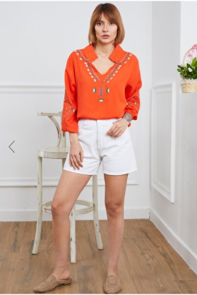 Butik Etnik Nakışlı V Yaka Bluz