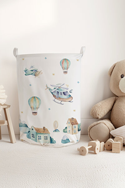 Talia Home Airplane Helicopter Patterned Children's Room Dirty or Toy Basket Tlas-326
