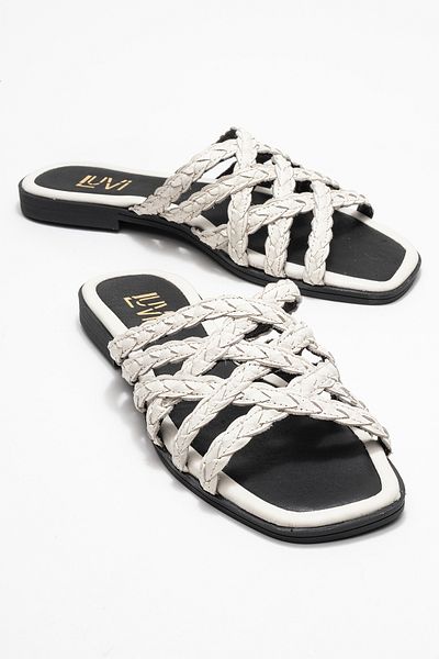 LuviShoes Alisha Ecru Genuine Leather Knitted Strap Women's Slippers
