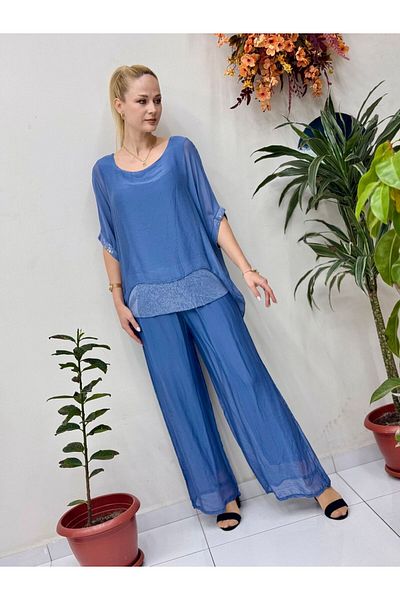 Punta Otantik Nc6641 Italian Pulpayetted Silk Suit Indigo