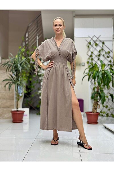 Punta Otantik Pt242500 Elastic Waist Collar Shoulder Tassels Deep Slit Cotton Dress Mink