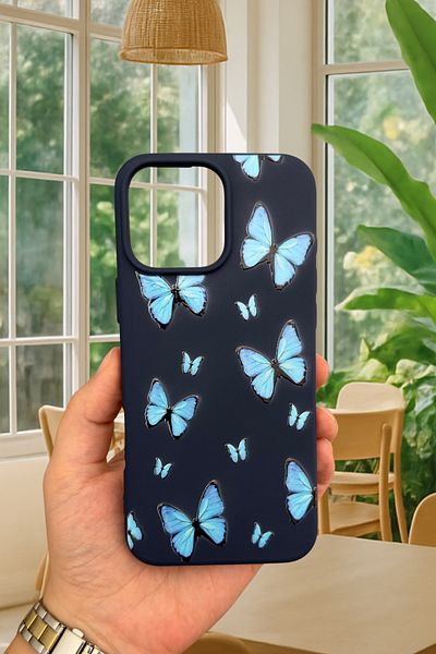 Vip Case iPhone 14 Plus / 15 Plus - حافظة مطاطية كلاسيكية ممتصة للصدمات من السيليكون بنمط الفراشة الزرقاء277