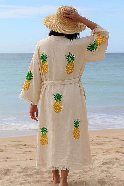 LaraLisa 4 Layers Natural Muslin Cotton Fabric Chemical Treatment Unprocessed Hand Printed Kaftan Kimono Peshtemal Bathrobe