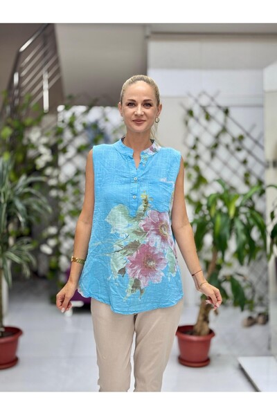 Punta Otantik LS8819A Αμάνικη βαμβακερή ιταλική μπλούζα με μπλε τσέπες