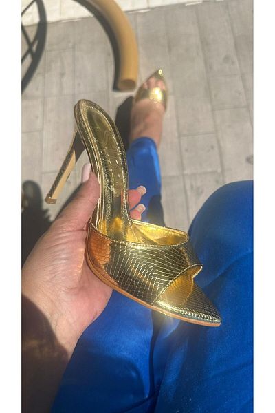 Sibel Shoes Olympos Gold Patterned Leather Thin Heel Slippers