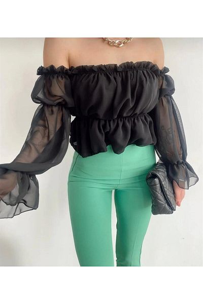 Azda Chiffon Sleeve Detail Black Gathered Women's Blouse Md:5180