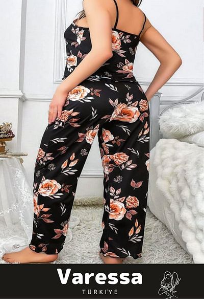 VARESSA Premium Special Series Trend Design Large Size Floral Pattern Thin Strap 2-Piece Pajama Set