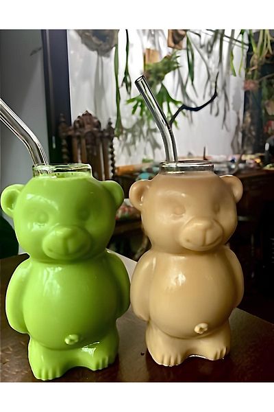 MİS KİTCHEN 2 Pcs Cold Hot Pinterest Model Teddy Bear Model Pinterest Cup Latte and Cappuccino Cup 320 ml