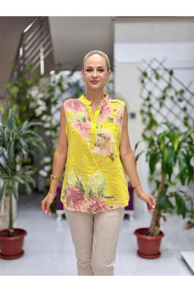 Punta Otantik LS8819A Αμάνικη ιταλική μπλούζα από βαμβάκι με τσέπες κίτρινο