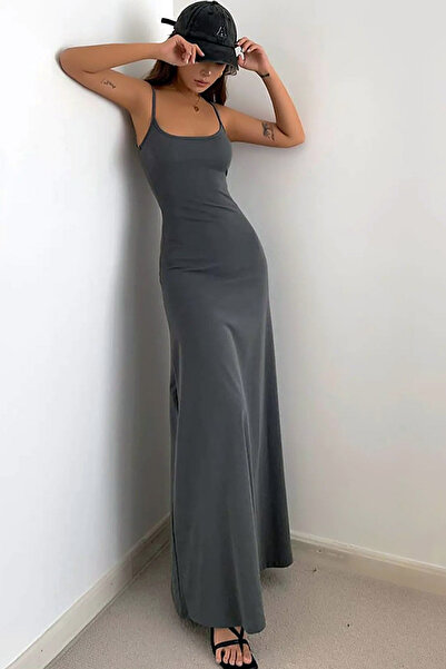 MissKybele Kare U Yakalı Kolsuz İnce Askılı Sırtı Açık Dar Kesim Likralı Esnek Uzun Maksi Boy Elbise