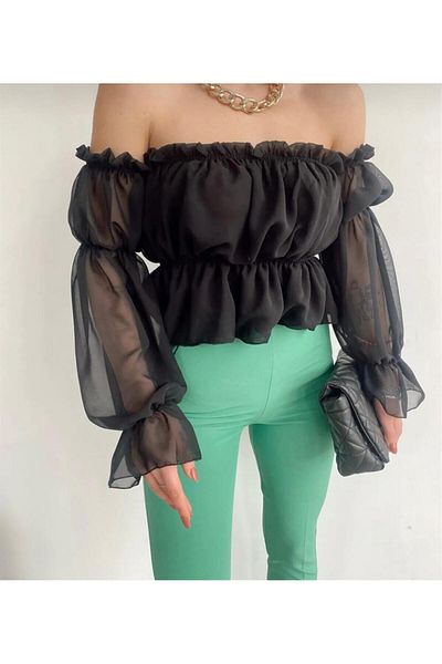 Azda Chiffon Sleeve Detail Black Gathered Women's Blouse Md:5180