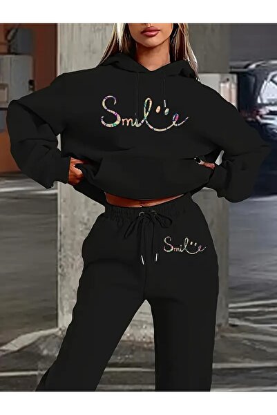 WOODROFFE Smile Printed Hooded Bottom Top Oversize Γυναικείο Σετ φόρμας μαύρο γκρι